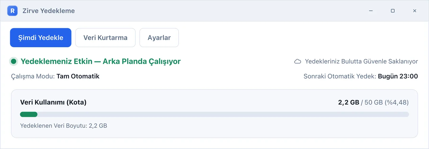 Ristor arayüzü: yedeklemenin etkin olduğu, veri kullanımı (kota) çubuğunun ne kadar alan kullanıldığını gösterdiği ana ekran.